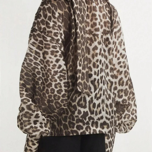 Multicolor Casual Women's Leopard Print Tie Neck Long Sleeve Loose Shirt - Picture 2 of 3